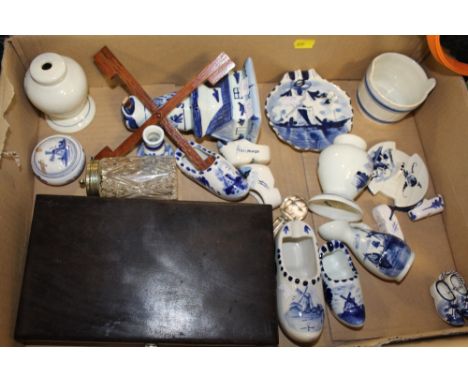 A BOX OF BLUE AND WHITE DELFTWARE CERAMICS, TOGETHER WITH TWO DEMI JOHNS AND TWO TREEN ITEMS 
