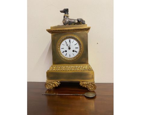 MID 19TH CENTURY FRENCH MANTEL CLOCK BY RAINGO FRERES OF PARIS, the gilt brass case with fine cast recumbent greyhound surmou