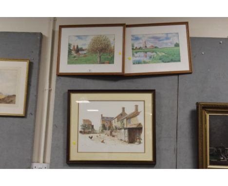 A PAIR OF FRAMED AND GLAZED PRINTS OF RURAL LANDSCAPES TOGETHER WITH A MICHAEL COOPER PRINT OF A FARMYARD (3)