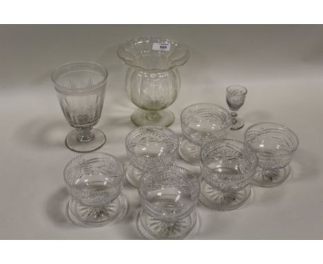 A COLLECTION OF ANTIQUE GLASSWARE ETC, comprising a fluted glass pedestal bowl, a set of six good quality grapefruit dishes w