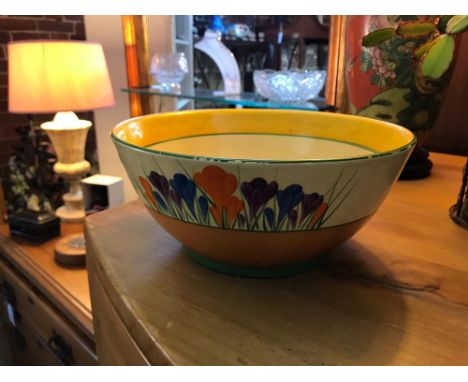 AN ART DECO CLARICE CLIFF BIZARRE RANGE LARGE BOWL, hand painted in the crocus pattern, printed marks to base, Circa 1928 - 1