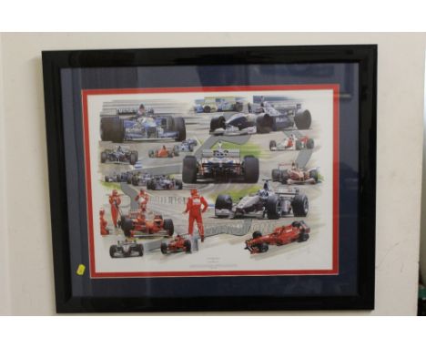 A MODERN F1 INTEREST FRAMED AND GLAZED SILVERSTONE PRINT BY GRAHAM BOSWORTH - OVERALL SIZE 75.5 X 61.5 CM