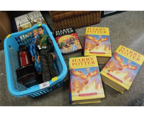 A COLLECTION OF HARRY POTTER BOOKS, TOGETHER WITH THREE ACTION MAN TOYS ETC. 