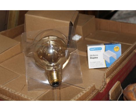 A TRAY OF BOXED LIGHT BULBS AND BOXED RAPESCO STAPLES 