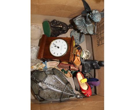 A BOX OF COLLECTABLES TO INC A MANTLE  CLOCK, BRONZE STYLE FIGURE OF A MERMAID ETC