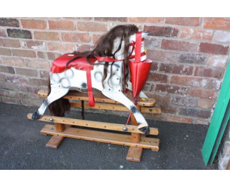 A VINTAGE 'LEEWAY' WOODEN TRESTLE ROCKING HORSE OVERALL H - 81 CM