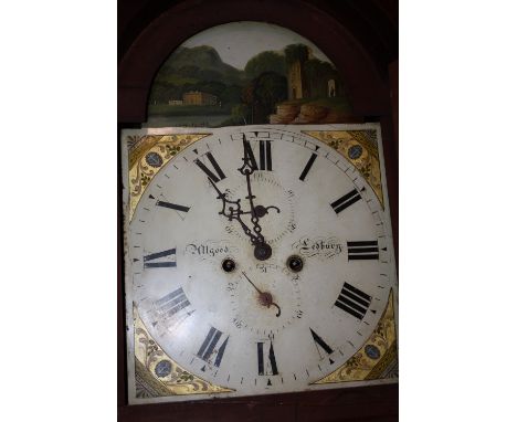 AN ANTIQUE OAK/MAHOGANY LONGCASE CLOCK 'ALLGOOD OF LEDBURY' WITH 8 DAY MOVEMENT H - 227 CM TWIN WEIGHT AND PENDULUM