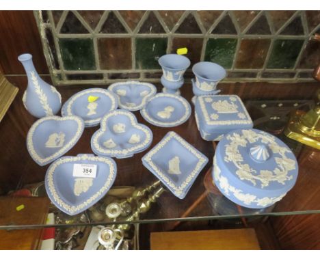 A COLLECTION OF POWDER BLUE WEDGWOOD JASPERWARE TO INC PIN DISHES, TRINKET BOXES ETC (15)