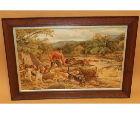 AN OAK FRAMED AND GLAZED VINTAGE PRINT ENTITLED THE OTTER HUNT BY J S NOBLE H-59CM W-84CM