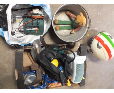 A MIXTURE OF ITEMS TO INCLUDE CRASH HELMET, LAWN BOWLS, TOOLS ETC