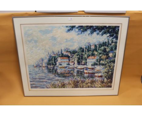 A LARGE FRAMED AND GLAZED SIGNED ARTISTS PROOF PRINT ENTITLED EMERALD COAST I POSSIBLY SIGNED NICK DAVIDSON? SIZE INC FRAME -