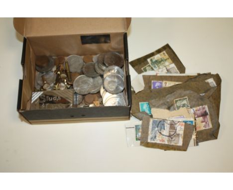 A BOX OF COINS, WATCH KEYS, CUFFLINKS ETC