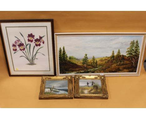 A FRAMED OIL ON CANVAS DEPICTING A RURAL LANDSCAPE SIGNED D HAYCOCK TOGETHER WITH TWO SMALLER GILT FRAMED OIL ON CANVASES AND