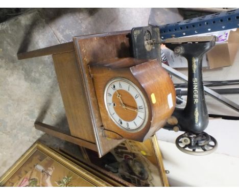 A VINTAGE SEWING MACHINE, SEWING BOX, MANTLE CLOCK ETC