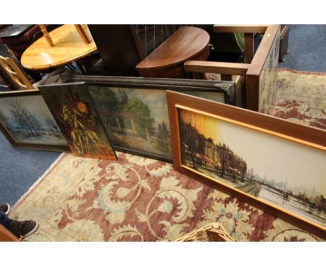 A LARGE ANTIQUE OAK FRAMED PRINT OF A COUNTRY GARDEN TOGETHER WITH THREE OTHER PRINTS