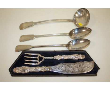 A SILVER PLATED FISH SERVERS TOGETHER WITH  SOUP LADLE AND TWO BASTING SPOONS 