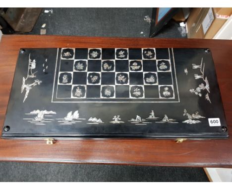 ORIENTAL MOTHER OF PEARL INLAID CHESS/BACKGAMMON BOARD