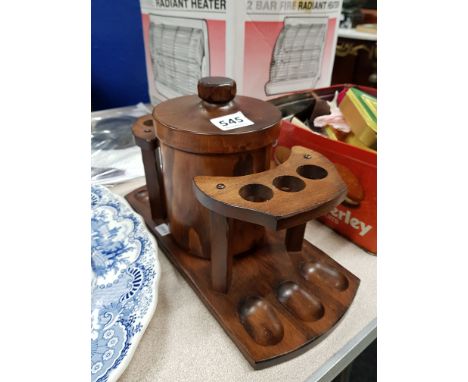 ANTIQUE WOODEN PIPE STAND WITH TOBACCO JAR