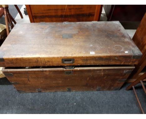 LARGE ANTIQUE BRASS BOUND TRUNK