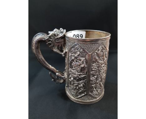 HEAVILY DECORATED CHINESE SILVER TANKARD HALLMARKED AND INSCRIBED