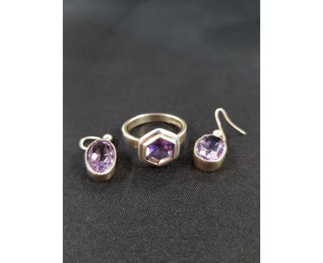 SILVER AMETHYST RING AND SILVER AMETHYST EARRINGS 