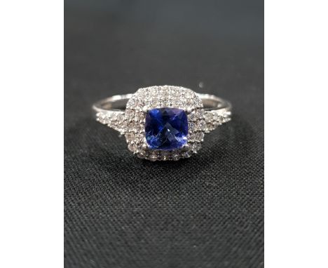 18CT WHITE GOLD TANZANITE AND DIAMOND RING - 1 CARAT TANZANITE CUSHION CUT, CLARITY VVS AND COLOUR AAAA.&nbsp; CERTIFICATE PR