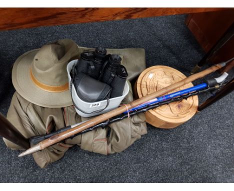 3 WALKING STICKS , NEW ZEALAND BOX , GENTS LEATHER JACKET WITH MATCHING HAT , 2 PAIRS OF BINOCULARS AND PIPE