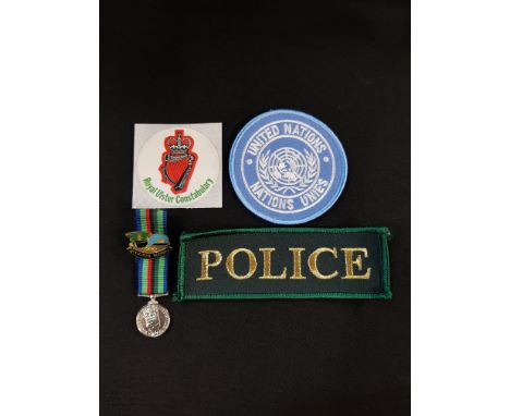 RARE RUC SENIOR OFFICERS PIN BADGE, POLICE PATCH, MINIATURE SERVICE MEDAL, 1999 RUC/UN BOSNIA BADGE, COMMUNITY RELATIONS STIC