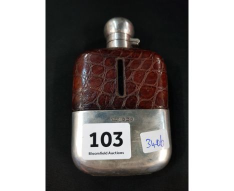 GOOD SILVER AND CROCODILE SKIN HIP FLASK BY JAMES DIXON SHEFFIELD