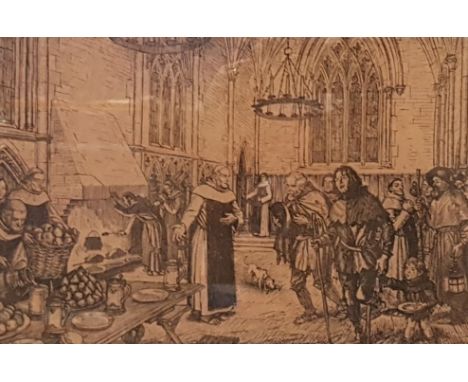 PEN AND INK DRAWING OF PILGRIMS IN A MONASTERY BY EDMUND SULLIVAN SIGNED