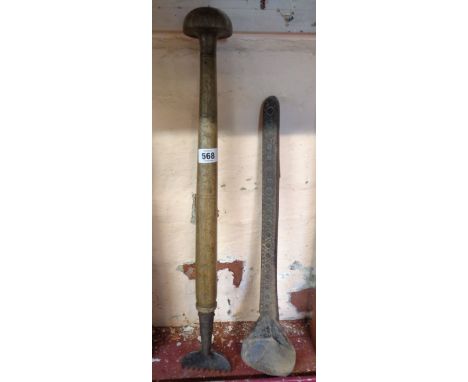 An antique rug pushing tool with turned wood handle - sold with an old African carved wood ladle