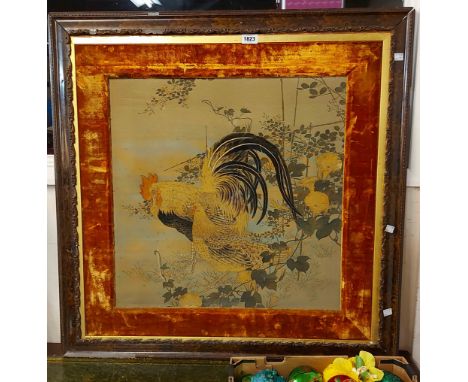 An old decorative framed Japanese tapestry panel depicting a cockerel amidst foliage