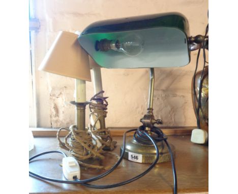 A vintage banker's style desk lamp, with opaque green glass shade and brass body - sold with a pair of brass table lamps of c