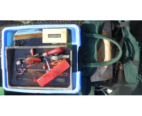 A crate containing a quantity of assorted tools including hand drill, fixings, etc. - sold with a tool bag of similar