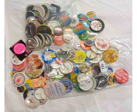 A collection of vintage and later button badges including Mr. Men, etc.