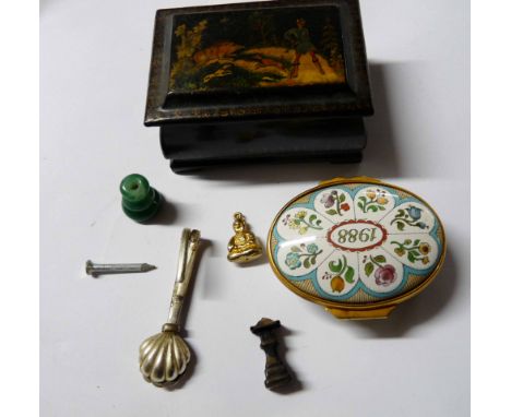 A small vintage paper mache trinket box - sold with a small enamelled trinket box, etc.