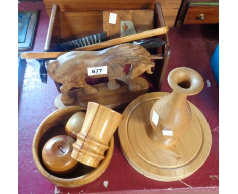 A book trough, card box and other collectable carved wood items including boxed cheese set, bowl, etc.