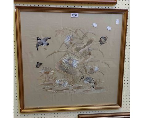 A gilt framed vintage Chinese embroidery panel, depicting birds, butterflies and water plants