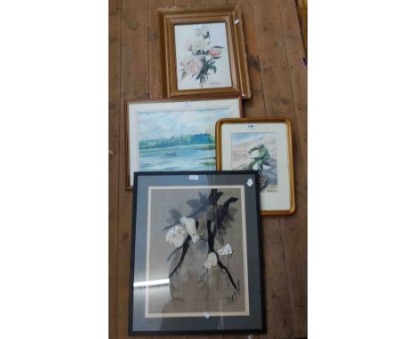 Three framed watercolours - sold with a framed embroidery panel