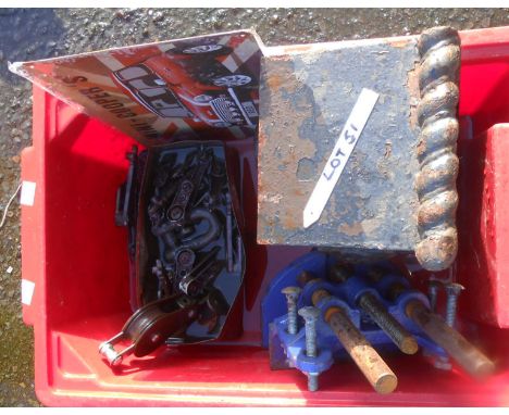 A crate containing a quantity of items including cast iron drain hopper, Record vice, etc.
