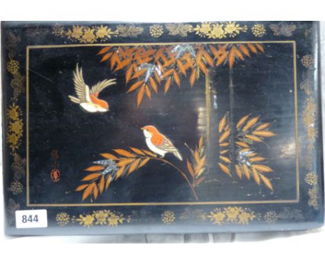 A vintage Japanese lacquered musical photo album of box form decorated with birds amidst foliage - musical movement not runni