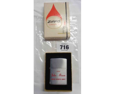 A boxed vintage Zippo lighter for the R.R.S. John Biscoe, British Antarctic Survey vessel