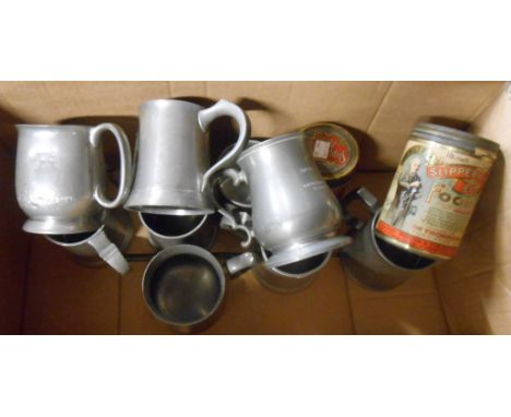 A box containing a quantity of pewter tankards - sold with two vintage Malted Slippery Elm food tins