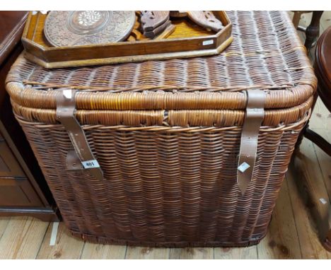 A 59cm vintage wicker deep hamper with leather straps