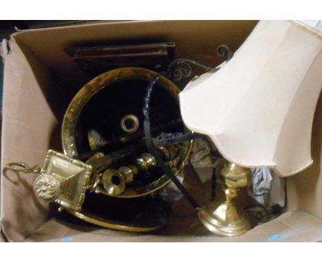 A box containing a quantity of assorted brass and other metalware including candlestick, lidded coal bucket, etc.