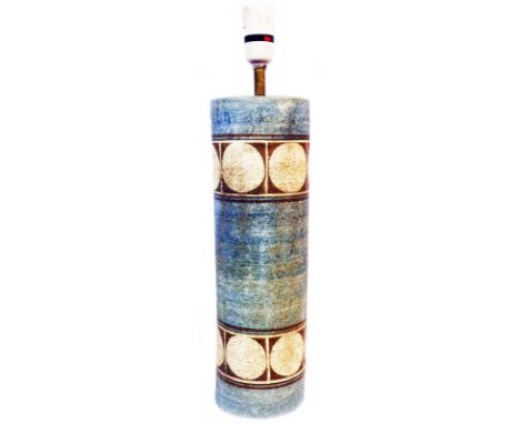 A large Troika pottery cylinder lamp with hand painted roundel bands on a textured ground - painted mark Troika Cornwall Engl