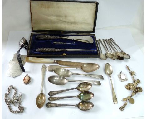 A cased silver handled shoehorn and button hook set - sold with a quantity of assorted silver teaspoons, a mother-of-pearl ha