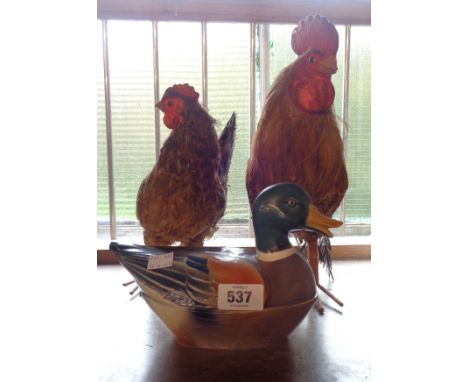 A papier mache Bantam cockerel and hen figurine, with feather finish - sold with a ceramic tureen of duck form