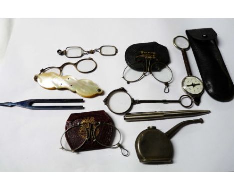 A bag containing a quantity of collectable items including four vintage lorgnettes, a cased compass, magnifier, etc.