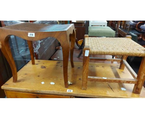 A 1930's walnut stool with bowed rattan seat panel - sold with a vintage seagrass seated stool